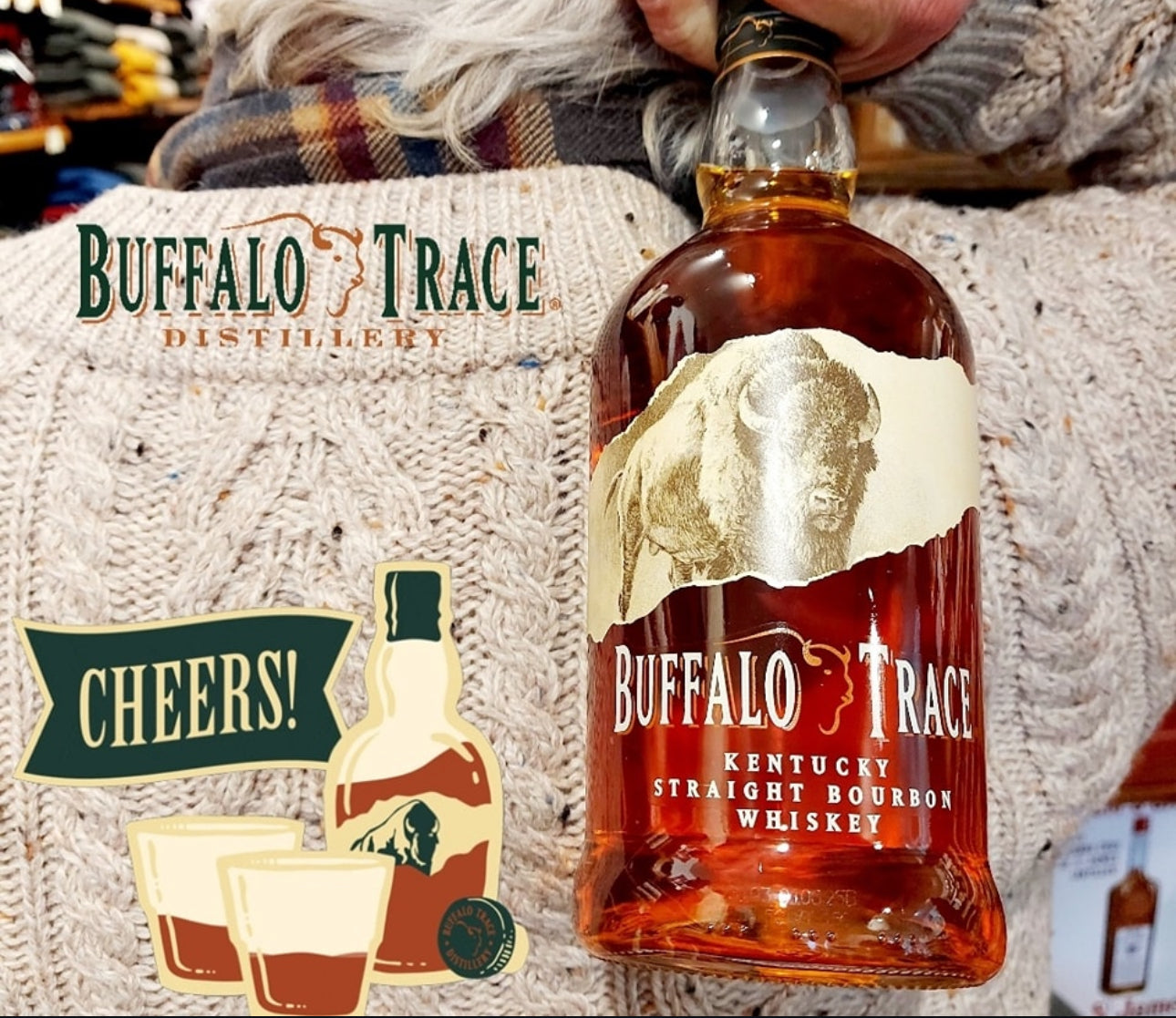 Buffalo Trace Kentucky Straight Bourbon Whiskey bottle with distillery logo and festive cheers illustration.